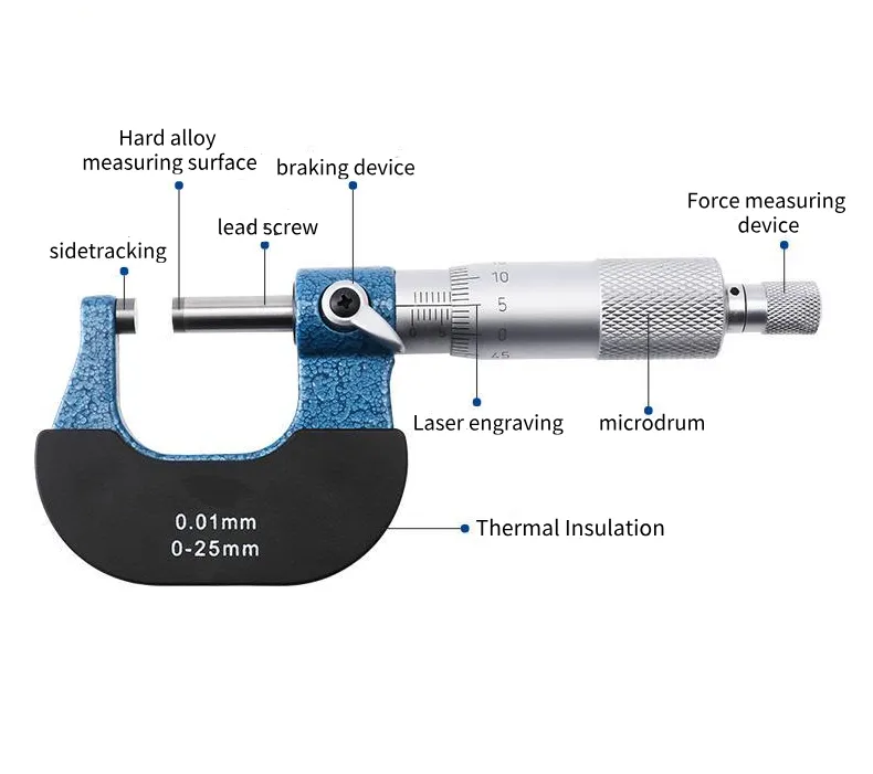 Precision Chrome Plated Mechanical Outside Micrometer - Carbon Steel Construction with Heat Insulation Plate, 0.001mm Resolution